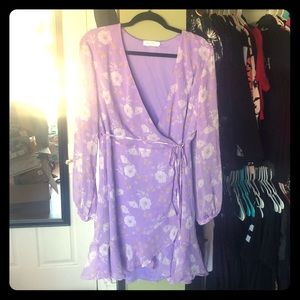 Crepe wrap dress with sheer sleeves